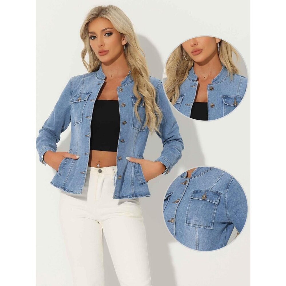 Women's Denim Jacket Classic Stand Collar Long Sleeve Jean Jacket Light Blue - Picture 4 of 5